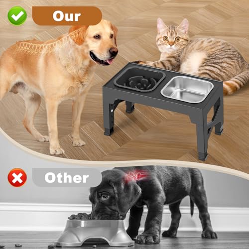 Romicta Erhöhter Futternapf für große Hunde mit 2 Näpfen aus Edelstahl mit 1400 ml und 1100 ml Anti-Glouton-Napf – für mittelgroße und große Hunde – 5 verstellbare Höhen