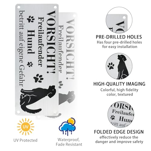 Bzzerumy Freilaufender Hund Schild, Warnung vor dem Hund, Vorsicht Hund Schild, Hundeschild, Warnschild Hund, Edelstahl Hund Warnschild, Schilder Außenbereich