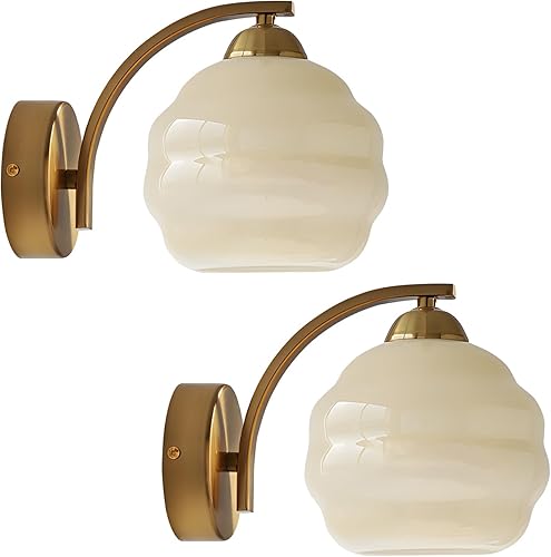 Miniatura 10 de Aplique de Pared de Cristal Lechoso Aplique de Pared Dorado Cepillado Luces de Tocador Globo Apliques Juego de 2 Apliques de Pared de Mediados de