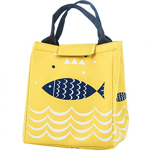 Naranqa Insulated Lunch Bag Reusable Lunch Box Cute Canvas Fabric with Aluminum Foil Printed Lunch Tote Handbag Fordable for WomenMenSchool Office Yellow Fish
