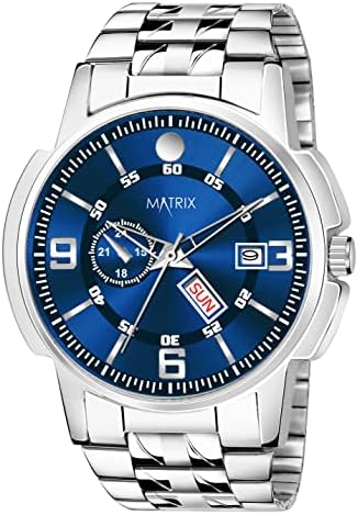 Matrix Black, Blue, White Dial, Day & Date Functioning, Stainless Steel Strap Analog Watch for Men & Women