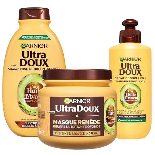 Garnier Ultra Doux - Routine pour Raviver les Boucles des Cheveux Secs, Bouclés à Crépus - À l'Huile d'Avocat et Beurre de Karité - Shampooing, Après-Shampooing et Masque - Homme & Femme