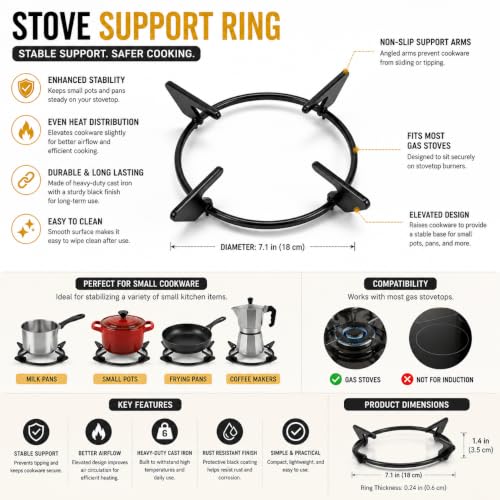 Image of Heavy Duty Pan Support Ring for Glass Top Gas Stoves | Durable Metal Frame | Size 15 x 15 x 5 cm | Pack of 2