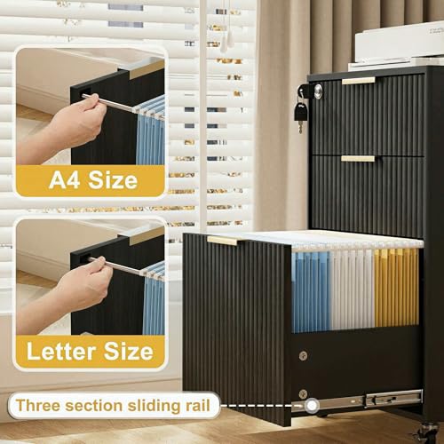 Image of 3 Drawers Fluted Mobile File Cabinet with Lock, Rolling File Cabinet Printer Stand Table, Under Desk Wooden Filing Cabinets for Home Office Essentials Storage Organization Furniture Letters /A4(Black)