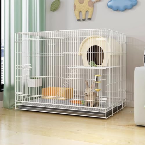 Cage Lapin Intérieur 2 Etage, Structure de Cryptage Métallique, Le Dessus Peut Être Ouvert, avec Plateau, Nid en Paille, pour Petits Animaux(White,60 * 40 *...