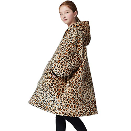 Image of Oversized Blanket Hoodie - Plush Fluffy Fleece Family Matching Sweatshirt for Women Men Kids Girl Boy - Wearable Hooded Blanket with Big Front Pocket(Leopard)