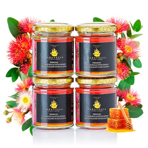 4x Miel de Eucalipto 250 g Caravella Fine Food | Intensas notas balsámicas y amaderadas | Pura Cruda Rica en antioxidantes y enzimas| Calmante y depurativa | Ideal para Té Desayuno Tos Piel Bienestar