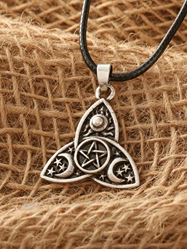 Haquil Wiccan Necklace, Triple Moon Goddess Sun Star Pentagram Triquetra Pendant, Faux Leather Cord #TOP5