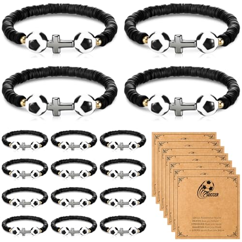 Ecation 24 Set Soccer Bracelets Sport Team Gifts Adjustable Beaded Bracelets Bulk with Blessing Card Soccer Party Favors for Players Team Lovers