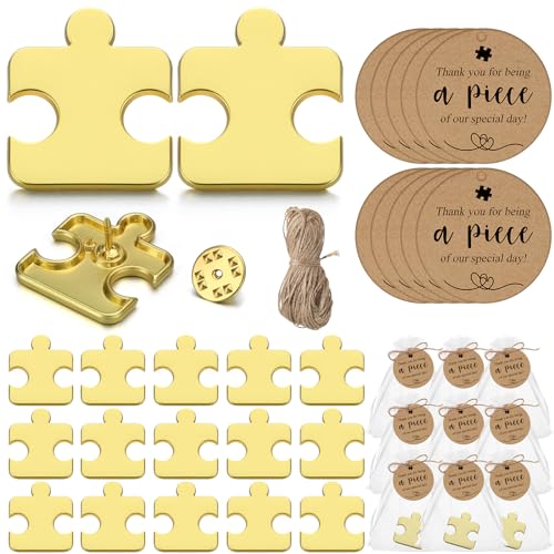 Image of Hotop 50 Sets Puzzle Wedding Favors - Gold Puzzle Piece Pins & Lapel Pins, 50 Wedding Thank You Tags & Gift Bags