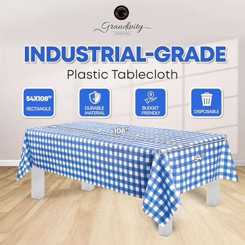 Image of Grandipity Plastic Table Cloth Disposable 12 Pack 54 inch x 108 inch Rectangle | Blue Gingham Plastic table covers, durable disposable tablecloths, fade and tear-resistent table cover for party, event