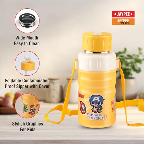 Image of JAYPEE Steel Safe 400 ml Inner Stainless steel Insulated Water bottle with Fliptop Lid, Marvel Super Heroes Yellow, Leakproof, BPA Free, Food Grade, School, Picnic Bottle & Sipper Bottle for Kids