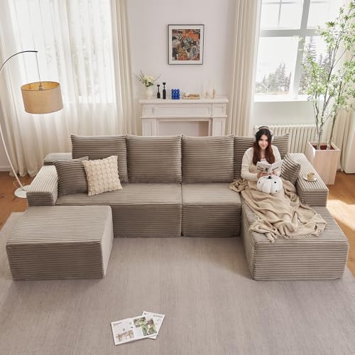 Image of Lakifun 135 inch U-Shape Cloud Couch, Modern Modular Sectional Comfy L-Shape Sofa with Ottoman, Deep Seat, Upholstered Corduroy Sleeper Chaise Longue for Living Room Bedroom, No Assembly Required, Camel