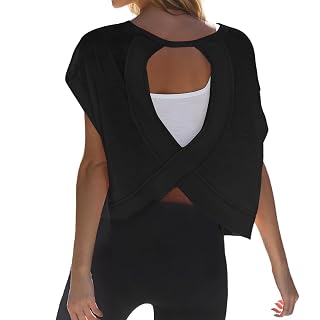 Open Back Workout Top for Women Loose Fit Backless Short Sleeve Crop Shirt Gym Yoga Athletic T Shirts