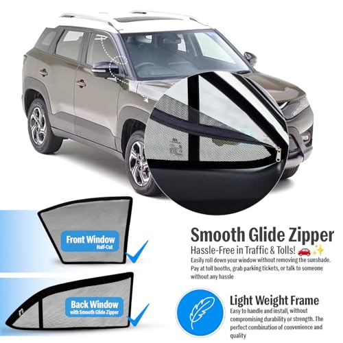 Image of Autofact Magnetic Car Sunshades Compatible with Maruti Brezza (2022 to 2024) (Set of 4) - Easy Installation, UV Protection (Front 2 Half-Cut for Side Mirror Visibility, Rear 2 with Zippers)