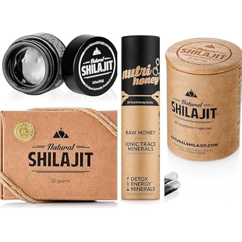 NATURAL SHILAJIT Resin 20G, Shilajit Honey Sticks 30 Count Capsules 60 Count Cover