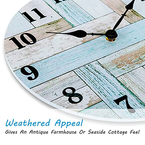 NIKKY HOME 16 Inch Beach Teal Wall Clock, Rustic Silent Noiseless Spliced Wooden Coastal Nautical Battery Operated Clock for Bathroom, Kitchen - Image 4