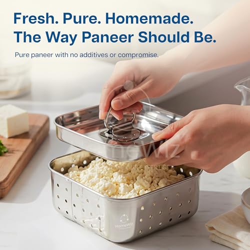 Image of HomeWiz Stainless Steel Paneer Maker 450ml | Paneer Maker Mould Press with Lid | Chrome Finish Technology for Rust Free Paneer Maker | Drainage Holes for Perfect Paneer, Tofu & Cheese | Lifetime Use
