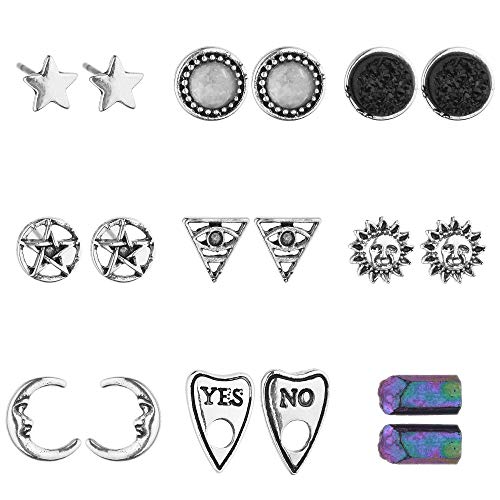 Lux Accessories Moon Sun Illuminati Pentagram Stud Earrings Set of 9