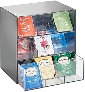 mDesign Storage Box for Teabags, Coffee Pods, Sugar and More  Plastic Tea Chest with 27 Compartments  Kitchen Organiser with 3 Drawers  Charcoal Grey/Clear