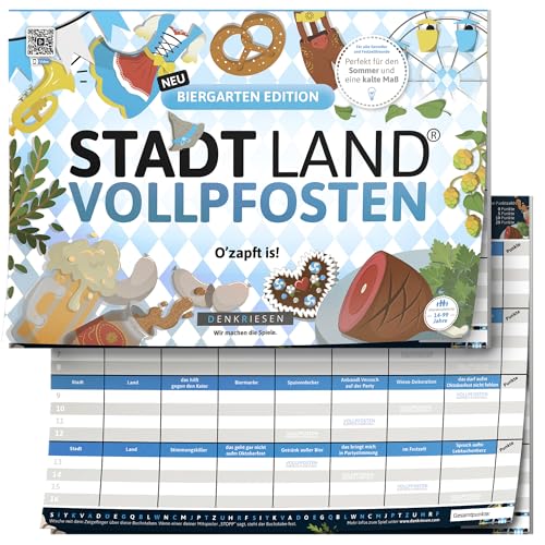 DENKRIESEN Stadt Land VOLLPFOSTEN® Biergarten Edition | Partyspiel ab 14 Jahren | 26 Volksfest Kategorien | Stadt Land Fluss für Gruppen & Familien | DIN A4 Format | Gesellschaftsspiel für Erwachsene