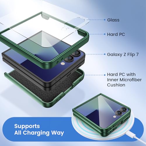 Image of Ruky for Z Flip 7 Slim Case, with Built-in Screen Protector, Dark Green | Support Wireless Charging Hard PC Ultra-Thin Full Body Protective Phone Cover for Samsung Galaxy Z Flip 7, Dark Green