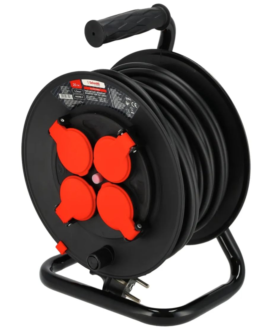 Enrollador de cables para taller – Cable de construcción, bloque de múltiples tomas para uso interior y exterior, bloque de múltiples tomas con protección IP44 – 4 tomas – 20m, 3x1,5mm