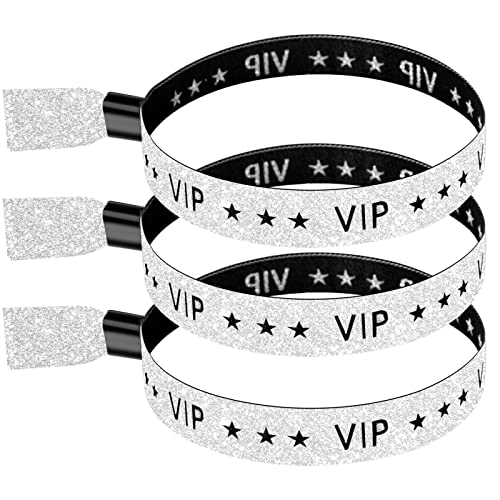 Image of 100 Pcs VIP Wristbands for Events, Premium Cloth Fabric Wrist Bands with Shimmering Lurex Jacquard Weaving, Adjustable Disposable Security Lock Bracelets for Festivals, Nightclubs and Party, Silver