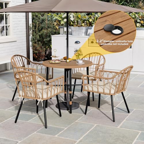 Image of DWVO Outdoor Patio Dining Table Round for 4 35.4 inch Outdoor Tables with Umbrella Hole & Adjustable Levelers All-Weather Bistro Table with Metal Frame for Lawn Garden Backyard