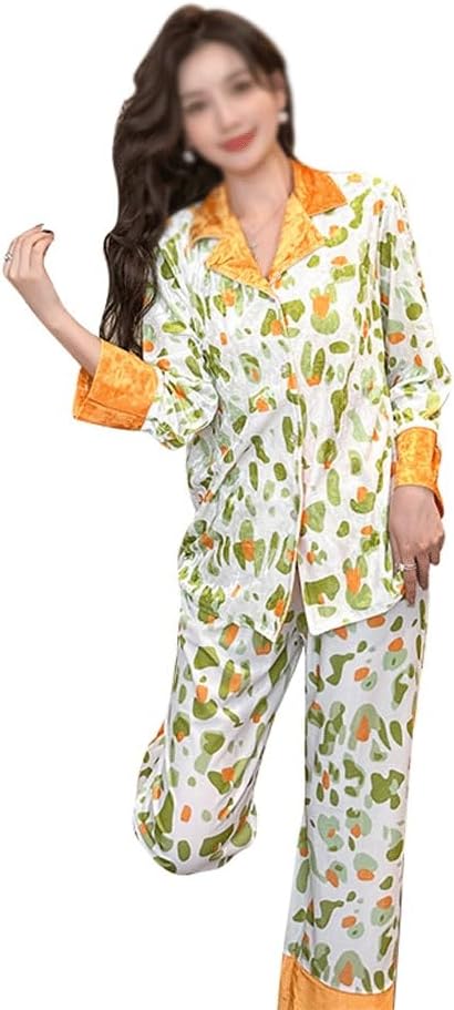 JSEIAJB Printed Suit Collar Spring and Autumn Long Sleeve Pajamas Set Women's Thin Home Wear(X-Large)