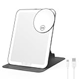 Benbilry Foldable Travel Makeup Mirror with Lights and 20X Magnification, Rechargeable Tabletop LED Vanity Mirror with Adjustable Stand, 3-Colored Dimmable Lighting, Portable Cosmetic Mirror, Black