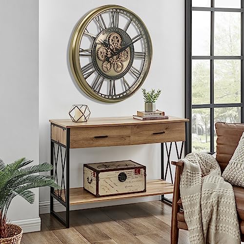 Clxeast Moving Gear Wall Clock For Living Room Decor,Large Modern Metal Industrial Steampunk Oversized Roman Numeral Brass Gold Silent Wall Clock For Farmhouse, 28 Inch #TOP4