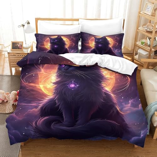 Housse de Couette Chat Noir 3D 140x200 Parure de Lit Microfibre - 3