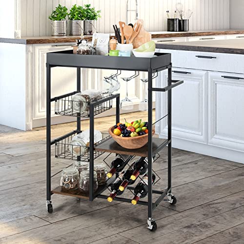 Costway Kitchen Island Cart On Wheels, With Removable Top, 4-Tier Rolling Utility Cart With 2 Mesh Baskets, Wine Rack, Glass Holder, Storage Trolley, Ideal For Home, Office, Bar, Rustic Brown #TOP7