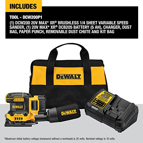 Dewalt 20V Max* Xr Palm Sander, Sheet, Variable Speed, 5-Ah Battery, 1/4-Inch (Dcw200P1) #TOP2