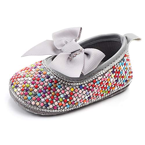 Baby Girls Mary Jane Flats Sparkly Bow Diamonds Princess Dress Shoes Anti-Slip Infant Crib Shoes (6-12 Months Toddler, Colorful Grey) #TOP6