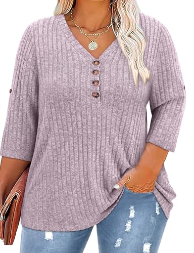 Image of Koscacy Women Plus Size V Neck 3 /4 Roll Sleeve Sweater Casual Knit Tops Solid Color Blouses