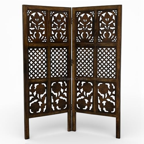 Image of Wooden Room Partition Screen with Burnt Wood Finish | Hand Buffed Traditional Handicraft Room Divider | 6 Ft Height Indoor Room Separator (2 Panel 4 Feet)