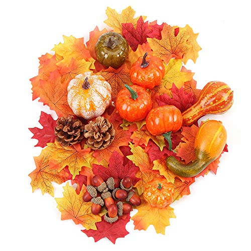 50 Stück Künstliche Kürbisse Dekoration, Mini Herbst Ernte Gefälschte Kürbisse Tannenzapfen Ahornblätter Eicheln Granatapfel sortiertes Set für Herbst Thanksgiving, Hochzeit, Halloween, Weihnachten Cover