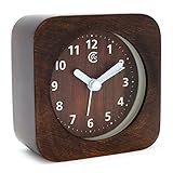 JCC Arabic Numerals Square Nature Wood Non Ticking Sweep Analog Quartz Bedside Desk Alarm Clock with Ascending Louder Alarm, Snooze and Night Light Feature, Battery Operated (Brown Wood)