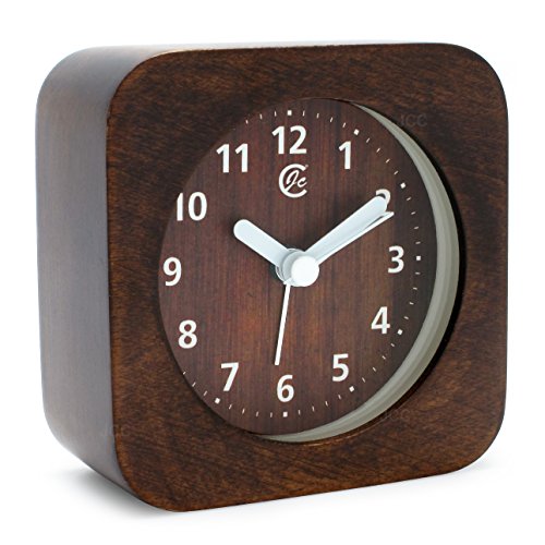 JCC Arabic Numerals Square Nature Wood Non Ticking Sweep Analog Quartz Bedside Desk Alarm Clock with Ascending Louder Alarm, Snooze and Night Light Feature, Battery Operated (Brown Wood)