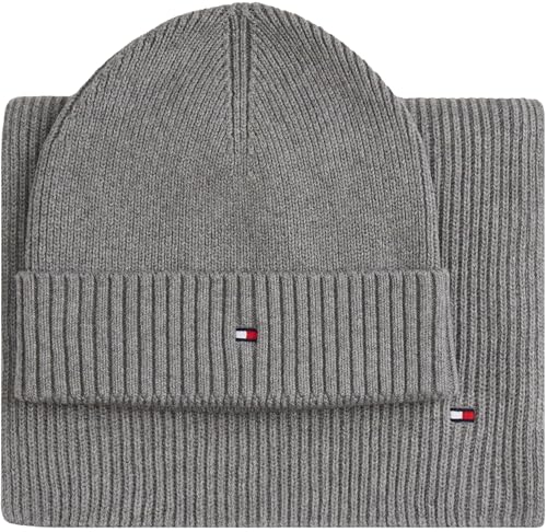 Tommy Hilfiger Coffret Cadeau Homme Flag Écharpe et Bonnet, Gris (Mid Grey Heather), Taille Unique
