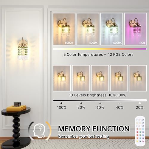Image of Shenmoyl Set of 2 Crystal Battery Operated Wall Sconce, Rechargeable Battery Powered Wall Lamp with Remote Control, Modern Dimmable Wall Lights for Bedroom Bathroom(Green, Gold Base)
