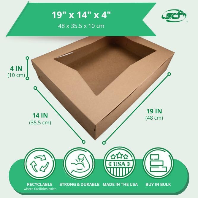 southern champion tray 23133k kraft paperboard lock corner window bakery box, 19" length x 14" width x 4" height, natural (case of 50) kraft window 19" x 14" x 4"