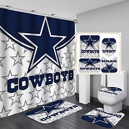 Namdeva 4Pcs/Set American Football Shower Curtain, White Navy Blue Texas Star Player Athlete Championship Modern Cool Sports Bathroom Decor For Men, Non-Slip Bath Rugs Toilet Mats, White & Blue Stars #TOP8