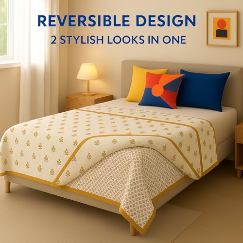 Image of Danip Pure Cotton Reversible AC Dohar Blanket, Throw - Printed Soft, Skin-Friendly, Lightweight & Ideal for All-Weather - 3 Layered Double Bed Dohar for AC Rooms (86 x 94 Inches) - White & M Yellow