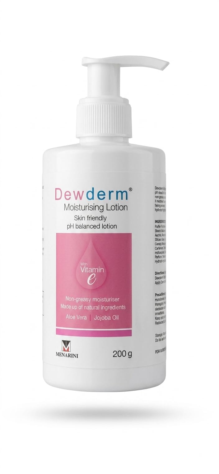 bt dewderm moisturising lotion with vitamin e, 200 g | ph balanced, non-greasy formula, aloe vera & jojoba oil, natural ingredients, pump dispenser