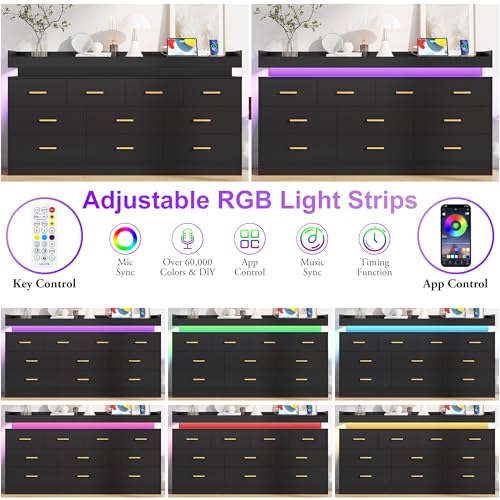 Image of Hlivelood 10 Drawer Dresser with LED Lights & Charging Station, Wide Wooden Chest of Drawers for Bedroom, Storage Organizer Cabinet, Modern TV Stand Dresser for Closet, Living Room, Hallway, Black