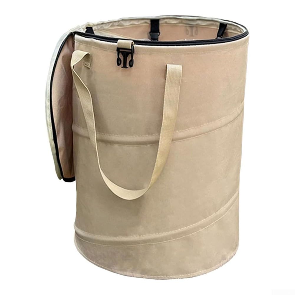 Sumsoctober Collapsible Camping Bin Outdoor Rubbish Holder Foldable Waste Container Portable Garden Bin with Lid Waterproof Oxford Fabric Trash Bag Holder for BBQ Picnic Hiking Waste Storage(Beige)