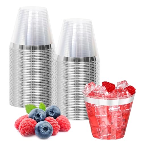 Image of 50 Pcs Silver Plastic Cups,9Oz Silver Rimmed Plastic Cups,Heavy Duty Clear Disposable Plasitc Cocktail Tumblers Wine Cup for Party,Wedding,Birthday,Christmas